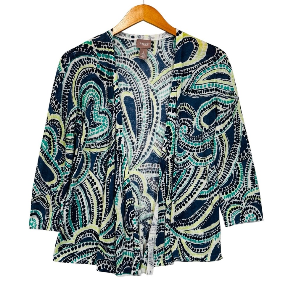 Chico's Cardigan Women's 1 M Blue Green Paisley Open Front Ramie Lightweight